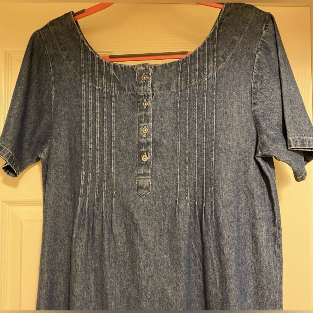 The Vermont Country Store Blue Denim Embroidered Floral Midi Dress - Picture 2 of 8